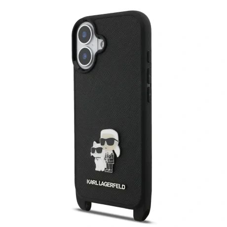Husă spate Karl Lagerfeld Saffiano Crossbody Ring Metal Karl and Choupette pentru iPhone 17, neagră