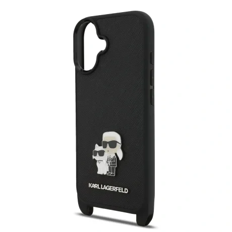 Husă spate Karl Lagerfeld Saffiano Crossbody Ring Metal Karl and Choupette pentru iPhone 17, neagră