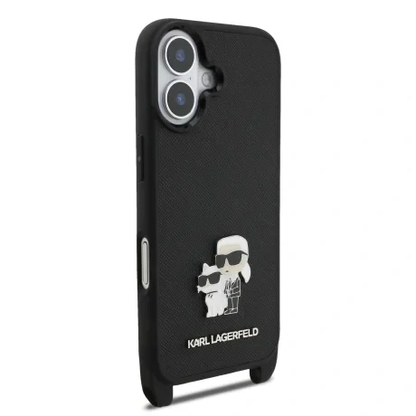 Husă spate Karl Lagerfeld Saffiano Crossbody Ring Metal Karl and Choupette pentru iPhone 17, neagră