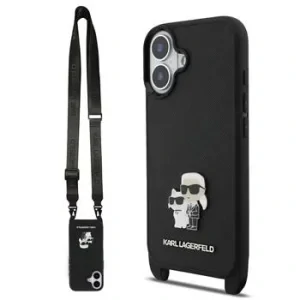 Husă spate Karl Lagerfeld Saffiano Crossbody Ring Metal Karl and Choupette pentru iPhone 17, neagră