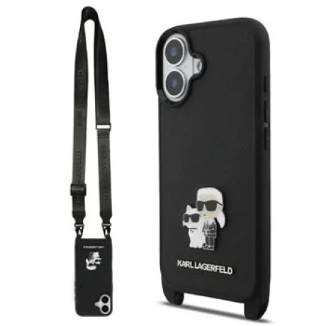 Husă spate Karl Lagerfeld Saffiano Crossbody Ring Metal Karl and Choupette pentru iPhone 17, neagră