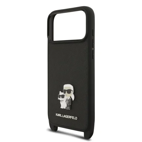 Husă spate Karl Lagerfeld Saffiano Crossbody Ring Metal Karl and Choupette pentru iPhone 17 Pro, neagră