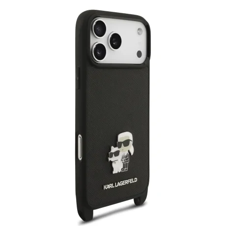 Husă spate Karl Lagerfeld Saffiano Crossbody Ring Metal Karl and Choupette pentru iPhone 17 Pro, neagră