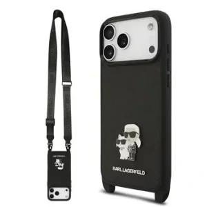 Husă spate Karl Lagerfeld Saffiano Crossbody Ring Metal Karl and Choupette pentru iPhone 17 Pro, neagră