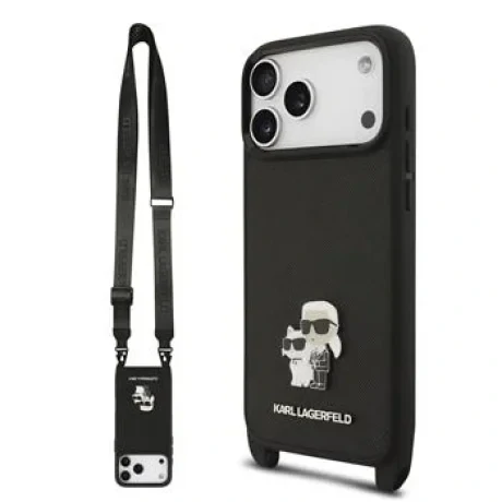 Husă spate Karl Lagerfeld Saffiano Crossbody Ring Metal Karl and Choupette pentru iPhone 17 Pro, neagră