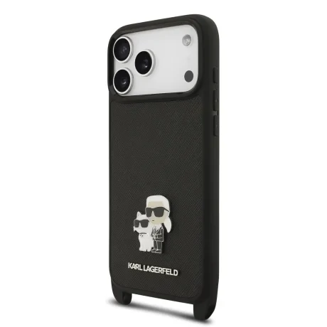 Husă spate Karl Lagerfeld Saffiano Crossbody Ring Metal Karl and Choupette pentru iPhone 17 Pro, neagră