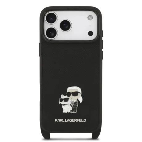 Husă spate Karl Lagerfeld Saffiano Crossbody Ring Metal Karl and Choupette pentru iPhone 17 Pro, neagră