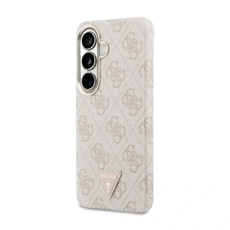 Husă spate magnetică Guess din piele PU 4G cu logo triunghiular și ramă aurie pentru Samsung Galaxy S26, roz