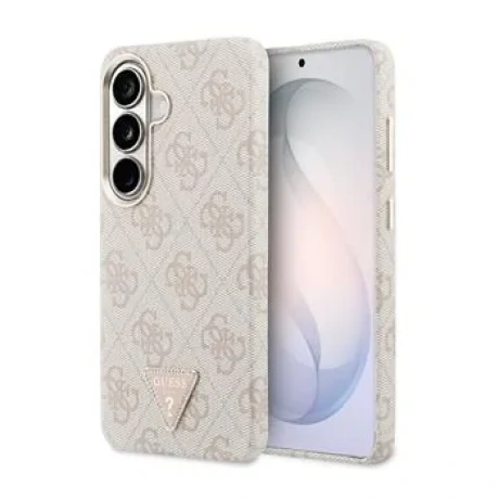 Husă spate magnetică Guess din piele PU 4G cu logo triunghiular și ramă aurie pentru Samsung Galaxy S26, roz