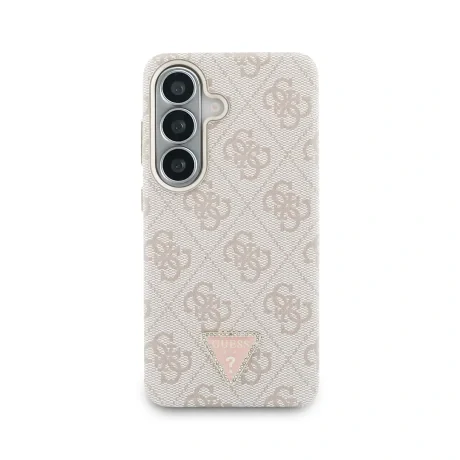 Husă spate magnetică Guess din piele PU 4G cu logo triunghiular și ramă aurie pentru Samsung Galaxy S26, roz