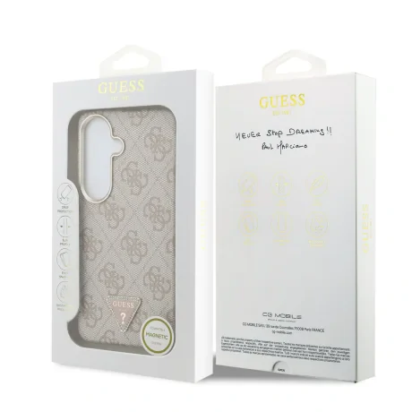Husă spate magnetică Guess din piele PU 4G cu logo triunghiular și ramă aurie pentru Samsung Galaxy S26, roz