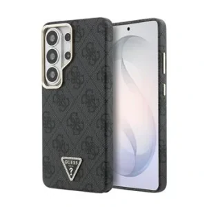 Husă spate magnetică Guess din piele PU 4G cu logo triunghiular și ramă aurie pentru Samsung Galaxy S26 Ultra, neagră