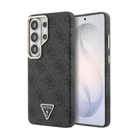 Husă spate magnetică Guess din piele PU 4G cu logo triunghiular și ramă aurie pentru Samsung Galaxy S26 Ultra, neagră