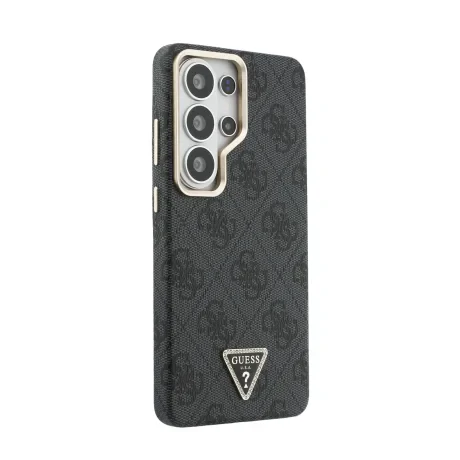 Husă spate magnetică Guess din piele PU 4G cu logo triunghiular și ramă aurie pentru Samsung Galaxy S26 Ultra, neagră