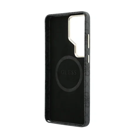 Husă spate magnetică Guess din piele PU 4G cu logo triunghiular și ramă aurie pentru Samsung Galaxy S26 Ultra, neagră