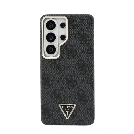 Husă spate magnetică Guess din piele PU 4G cu logo triunghiular și ramă aurie pentru Samsung Galaxy S26 Ultra, neagră