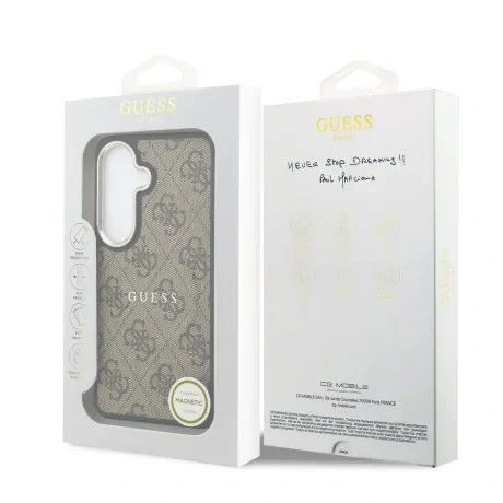 Husă spate magnetică Guess din piele PU 4G cu ramă aurie pentru Samsung Galaxy S26+, maro