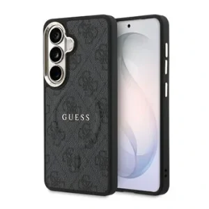 Husa spate magnetică Guess din piele PU 4G cu ramă aurie pentru Samsung Galaxy S26, neagră