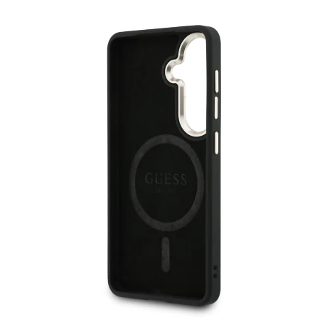Husă spate magnetică Guess din piele PU 4G cu ramă aurie pentru Samsung Galaxy S26+, neagră