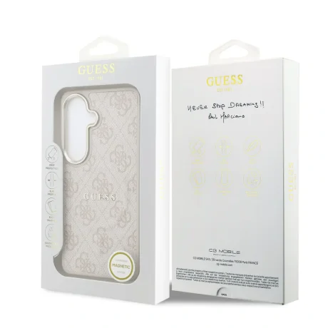 Husă spate magnetică Guess din piele PU 4G cu ramă aurie pentru Samsung Galaxy S26+, roz