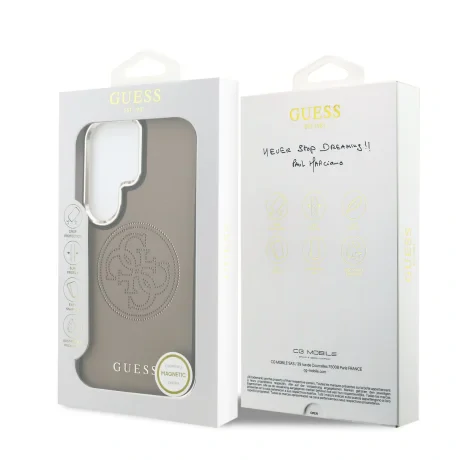 Husă spate magnetică Guess PU perforată cu logo 4G pentru Samsung Galaxy S26 Ultra, maro