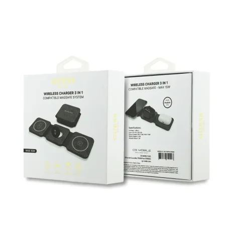 Încărcător wireless Guess PU 4G MagSafe 3 în 1, negru
