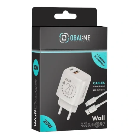 AMBALAJ: Încărcător de călătorie ME USB-A + USB-C 20W + 2x cablu 1m Alb