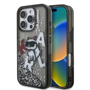 Husă spate Karl Lagerfeld cu sclipici lichid și împrăștiere Choupette pentru iPhone 16 Pro, neagră