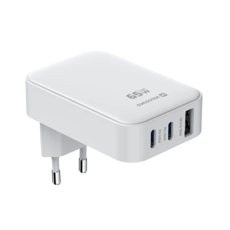 SWISSTEN FOLDABLE TRAVEL CHARGER FoldCHARGE GaN 2x USB-C 65W + 1x USB-A 18W QC WHITE
