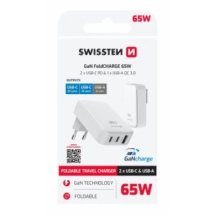 SWISSTEN FOLDABLE TRAVEL CHARGER FoldCHARGE GaN 2x USB-C 65W + 1x USB-A 18W QC WHITE