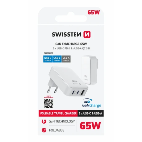 SWISSTEN FOLDABLE TRAVEL CHARGER FoldCHARGE GaN 2x USB-C 65W + 1x USB-A 18W QC WHITE