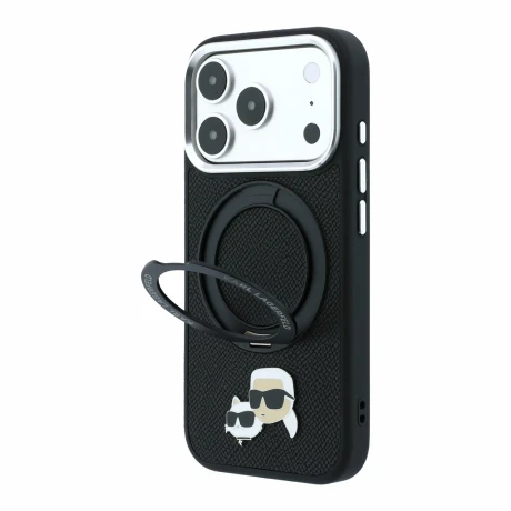 Husa spate Karl Lagerfeld PU Grained K&amp;CH Heads Ring Stand Magsafe pentru iPhone 18 Pro Max - Negru