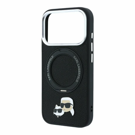 Husa spate Karl Lagerfeld PU Grained K&amp;CH Heads Ring Stand Magsafe pentru iPhone 18 Pro Max - Negru