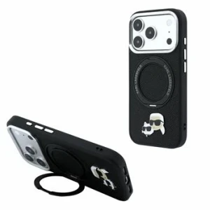 Husa spate Karl Lagerfeld PU Grained K&amp;CH Heads Ring Stand Magsafe pentru iPhone 18 Pro Max - Negru