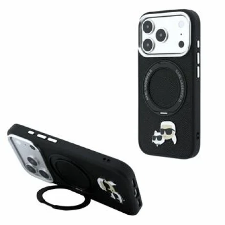 Husa spate Karl Lagerfeld PU Grained K&amp;CH Heads Ring Stand Magsafe pentru iPhone 18 Pro Max - Negru