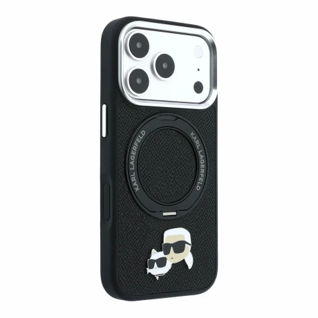 Husa spate Karl Lagerfeld PU Grained K&amp;CH Heads Ring Stand Magsafe pentru iPhone 18 Pro Max - Negru