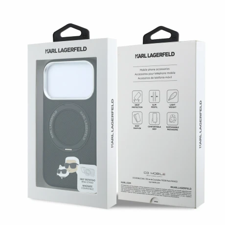 Husa spate Karl Lagerfeld PU Grained K&amp;CH Heads Ring Stand Magsafe pentru iPhone 18 Pro Max - Negru