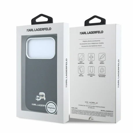 Husa spate Karl Lagerfeld PU Grained Semi Wrap K&amp;CH Heads Magsafe pentru iPhone 18 Pro Max - Negru