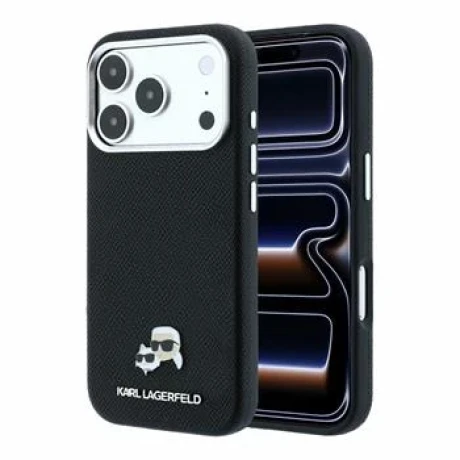 Husa spate Karl Lagerfeld PU Grained Semi Wrap K&amp;CH Heads Magsafe pentru iPhone 18 Pro Max - Negru