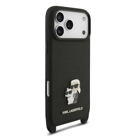 Husa spate Karl Lagerfeld Saffiano Metal Karl and Choupette cu curea crossbody pentru iPhone 18 Pro - Negru