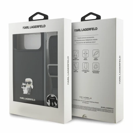 Husa spate Karl Lagerfeld Saffiano Metal Karl and Choupette cu curea crossbody pentru iPhone 18 Pro - Negru