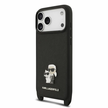 Husa spate Karl Lagerfeld Saffiano Metal Karl and Choupette cu curea crossbody pentru iPhone 18 Pro - Negru