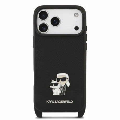 Husa spate Karl Lagerfeld Saffiano Metal Karl and Choupette cu curea crossbody pentru iPhone 18 Pro - Negru