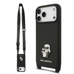 Husa spate Karl Lagerfeld Saffiano Metal Karl and Choupette cu curea crossbody pentru iPhone 18 Pro Max - Negru