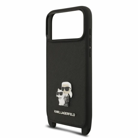 Husa spate Karl Lagerfeld Saffiano Metal Karl and Choupette cu curea crossbody pentru iPhone 18 Pro Max - Negru