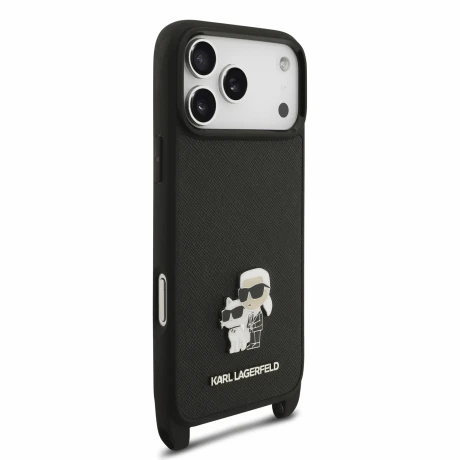 Husa spate Karl Lagerfeld Saffiano Metal Karl and Choupette cu curea crossbody pentru iPhone 18 Pro Max - Negru