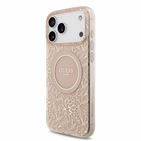 Guess IML Flowers Allover Strap MagSafe Zadni Kryt pro iPhone 18 Pro Max Pink