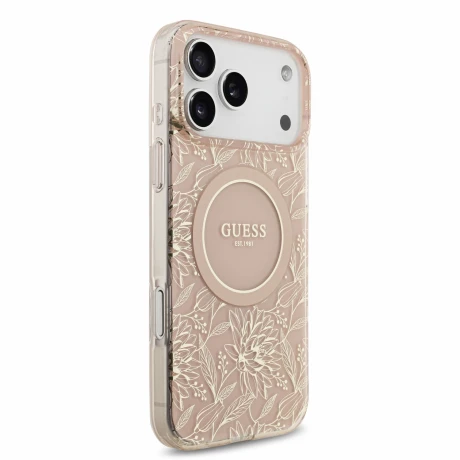 Guess IML Flowers Allover Strap MagSafe Zadni Kryt pro iPhone 18 Pro Max Pink