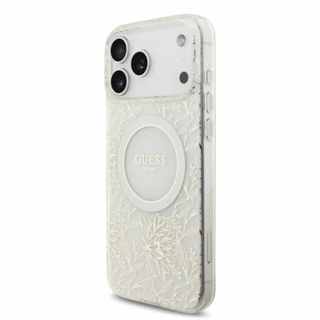 Guess IML Flowers Allover Strap MagSafe Zadni Kryt pro iPhone 18 Pro Max White