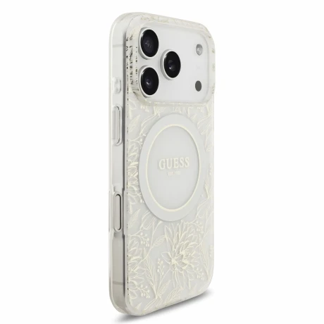 Guess IML Flowers Allover Strap MagSafe Zadni Kryt pro iPhone 18 Pro White